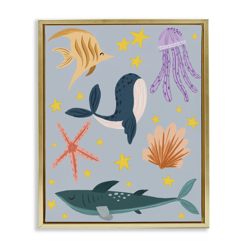  «Whimsical Marine Creatures» par Isabela Schielke, H 21 po x l 17 po, Cadre flottant métallique doré