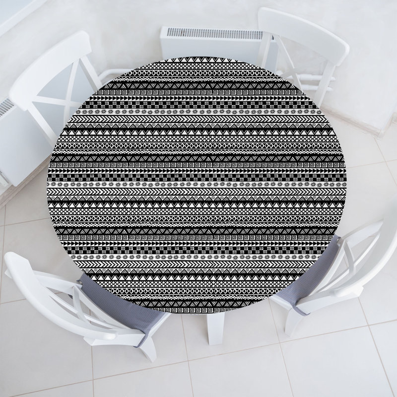 Ambesonne Aztec Fitted Round Tablecloth Diameter Charcoal Grey and White, 67.72" Round