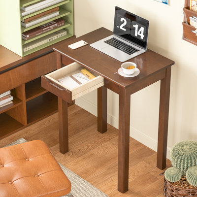 Bureau en bois massif avec tiroirs - Bureau étroit vintage 61 x 41 cm, bureau moderne du milieu du siècle, table d'étude en bois d'hévéa, petit bureau pour chambre/petits espaces - Couleur noyer