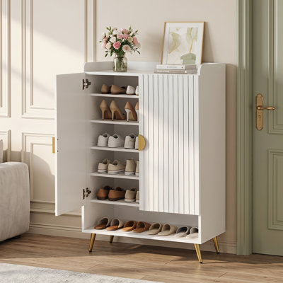 Meuble à chaussures de 112 cm (44 po) de hauteur, à 7 niveaux, avec portes, tablettes ajustables et pieds en métal blanc