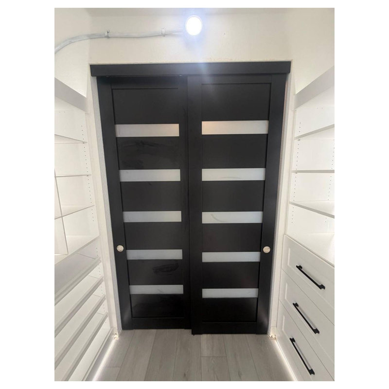 Portes coulissantes de placard 84 x 96 avec quincaillerie Quadro 4113 Noir mat avec verre opaque dépoli, rails robustes, moulures, ensemble de garnitures, portes de placard de chambre à coucher en bois massif léger pour cuisine