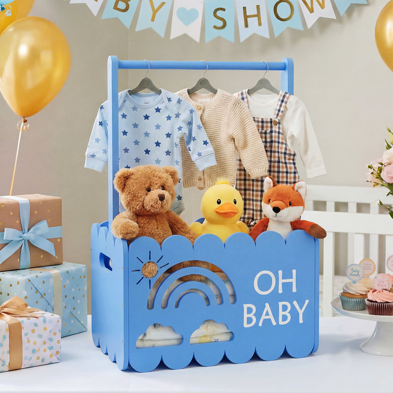 Wooden Baby Shower Crate Closet, Kids Clothes Rack With Storage Box & Hanging Rod, Baby Shower Rack for Toddler Pets Doll, Blue
