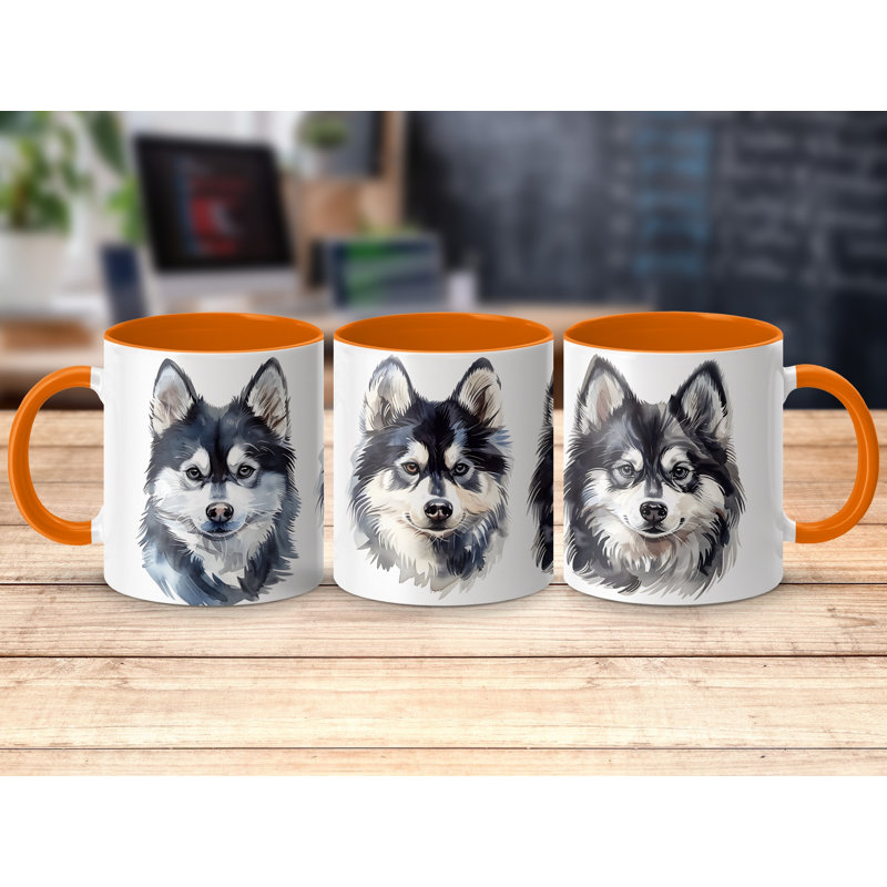 11oz Watercolour Alaskan Malamute Design Coffee Mug, Orange, 3
