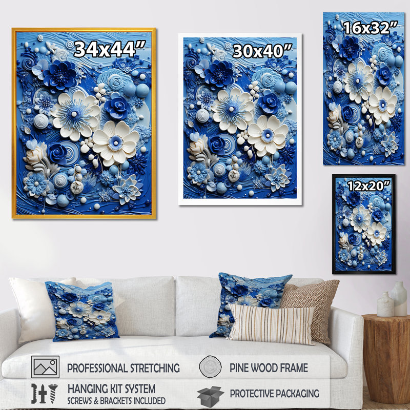 «Blue and White Botanical Tiles II» - art mural botanique, Toile tendue, H 60 po x l 40 po