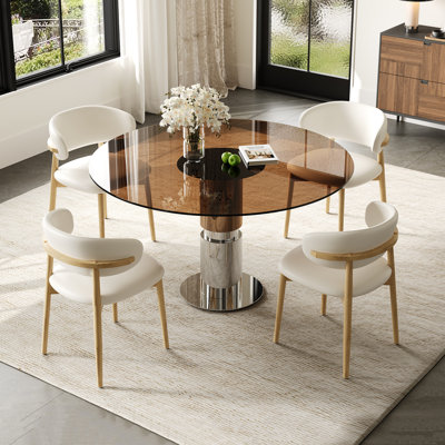 Table de salle à manger ronde en verre de 89 cm (35 pouces), dessus en verre trempé, pieds en acier inoxydable, idéale pour 2 à 4 personnes. Petite table ronde brun foncé, parfaite pour les restaurants et les appartements (table + 4 chaises).