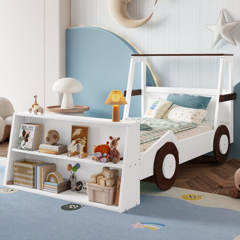 Twin Size Car-Shaped Platform Bed with Storage Shelves, Kids Car Bed with Child-Friendly Design, Brown & White, Brown/White