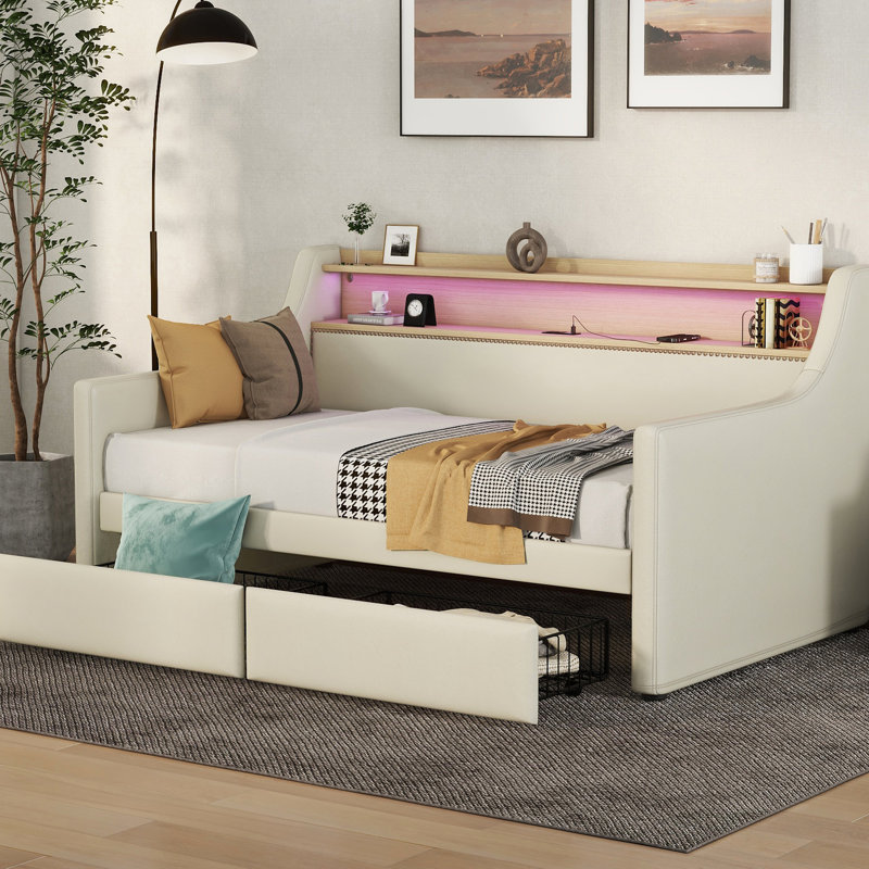 Lit de jour simple beige avec options de rangement, lumières à DEL et douille pour station de charge, décoration de revêtement