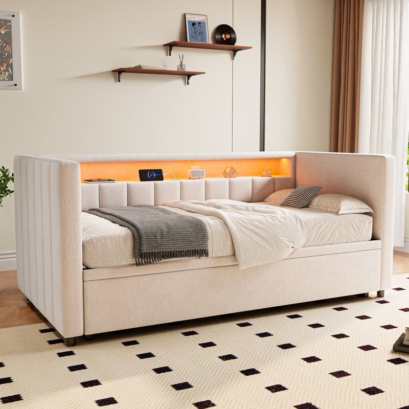 Upholstered Daybed with Trundle, Beige
