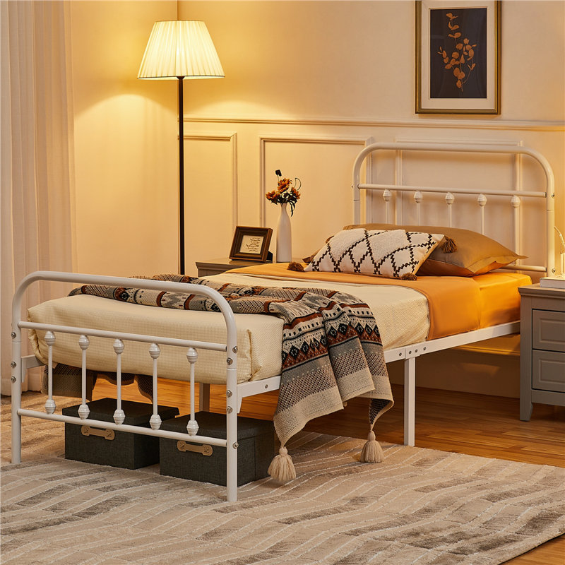 Metal Bed Frame with Vintage Headboard, White, Single (3')