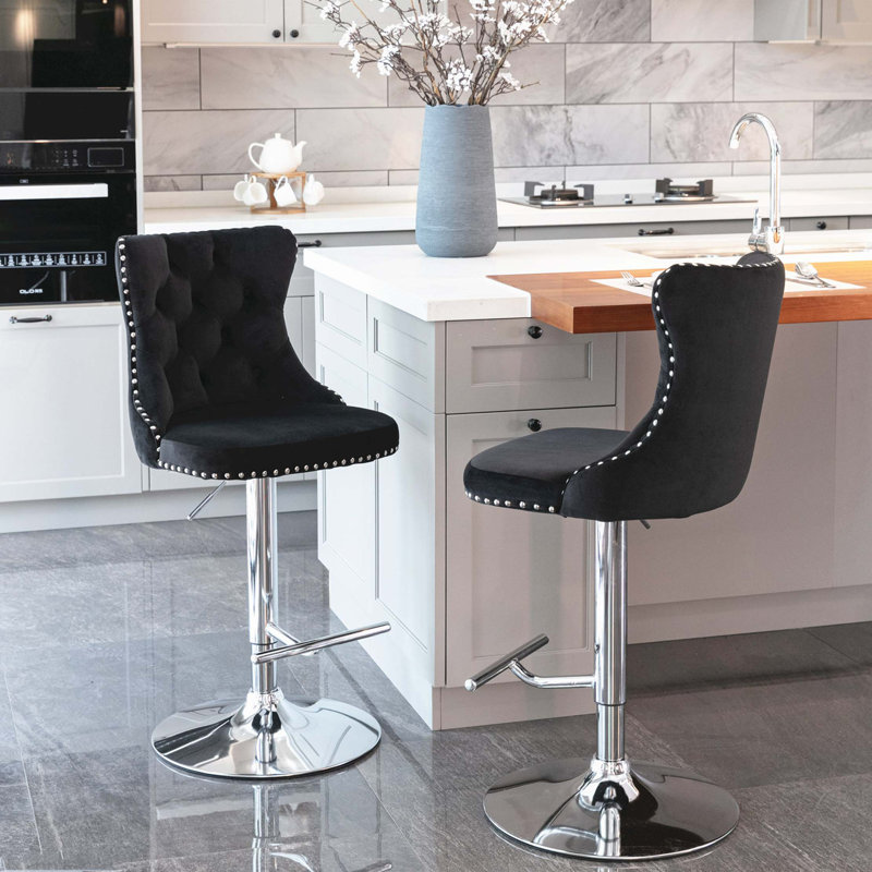 Swivel Velvet Barstools Adjusatble Seat Height, Chrome base Bar Stools with Backs Comfortable Tufted for Home Pub and Kitchen Island,Set of 2