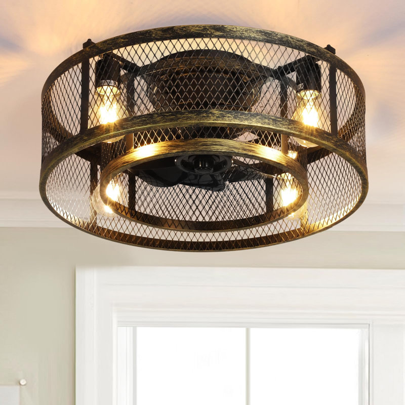 20 Inch Farmhouse Caged Ceiling Fan with Light, Remote & APP Control Quiet DC Motor Cement, Cement, 20" Wide