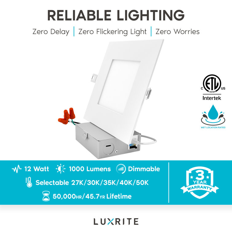 6"  Ultra Thin Square LED Recessed Lighting 5 Colour Temperature Options Dimmable 12W IC Rated Wet Rated Canless ETL Listed 4 Pack
