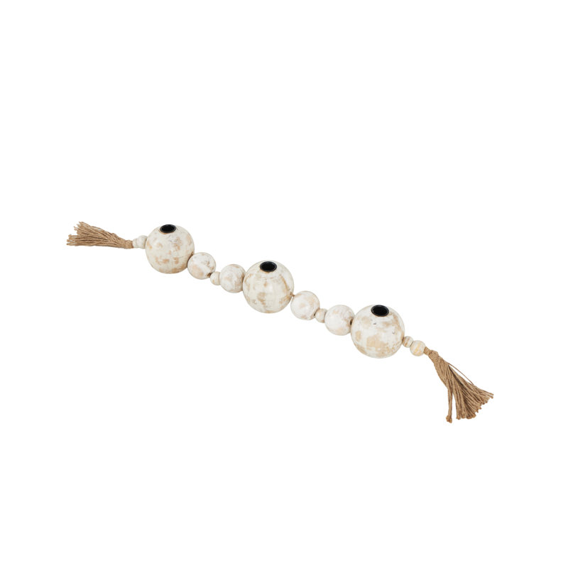 Porte-bougie décoratif en bois de manguier avec pompon Cole, Blanc