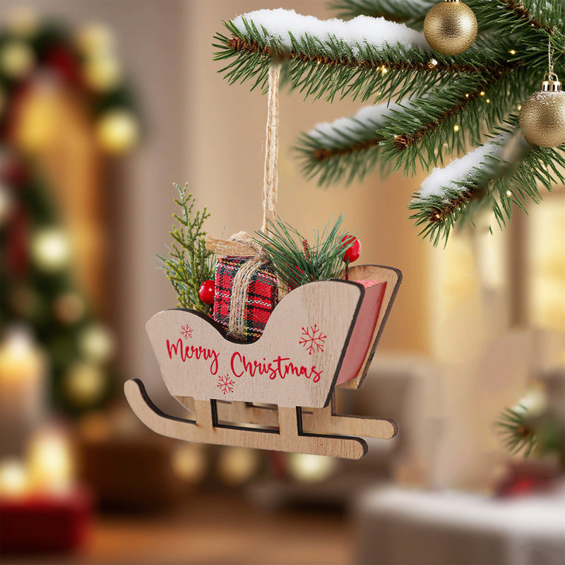 Décorations d'arbre de Noël en bois traîneau de Noël, Beige