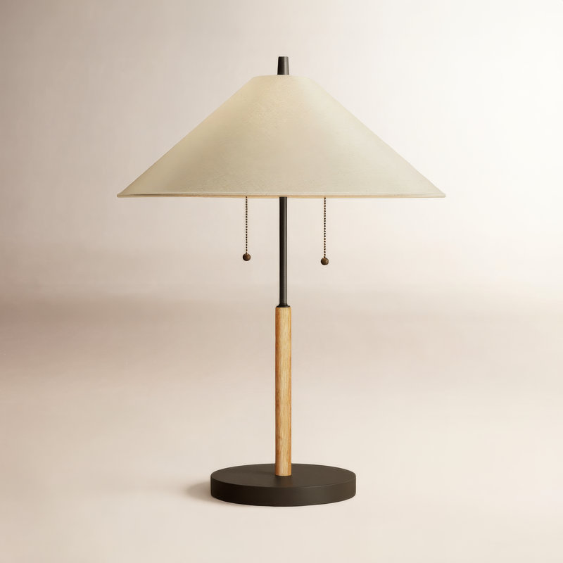Lampe de table en bois massif et métal Florina, Noir/naturel, Ivoire ivoire