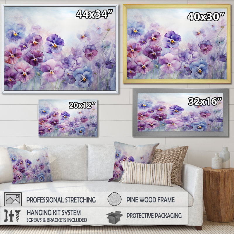 Pensées mauves en fleurs - impression, H 30 po x l 40 po x P 1,5 po, Cadre simple noir