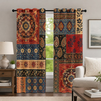 2Pcs Vintage Bohemian Pattern Curtains, Ethnic Style Window Drapes, Retro Patchwork Floral Print Grommet Panels, Home Decor for Bedroom Living Room Home Decor