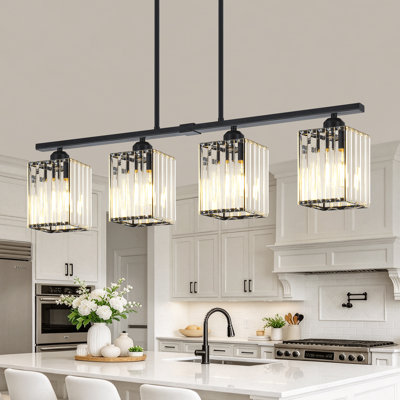 Éclairage d'îlot de cuisine 4 lumières moderne, lustre noir lustre carré en cristal, luminaire suspendu réglable pour salle à manger