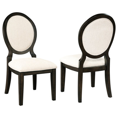 Dark Oval Back Dining Chairs  2 - Piece  , Cream Chenille Upholstery, Square Front And Flared Rear, 25.5 Inches Deep, Special Side Chair In , Of 2, With Welt Trimmed Edges, Solid Wood Frame, Room