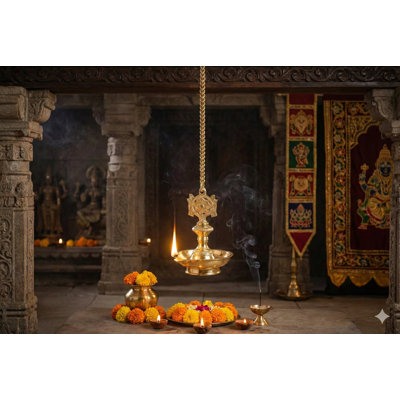 7" Vaishnava Brass Hanging Lamp – Handmade South Indian Roof Pendant Diya for Prayer Room, Temple & Sacred Space Décor