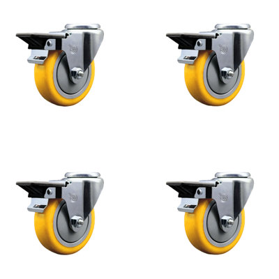 4 Inch Yellow Poly Wheel Swivel Bolt Hole Caster Set with Posi Lock Brakes SCC
