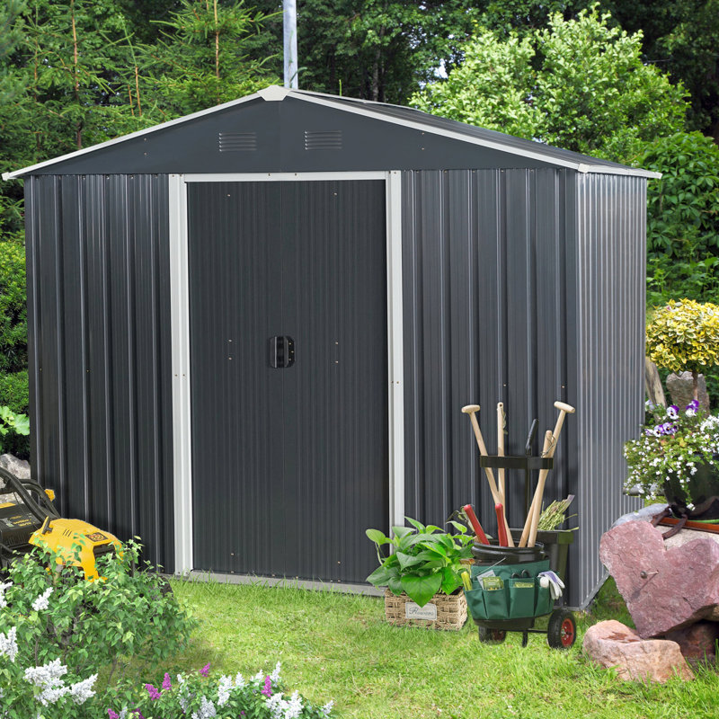 Remise de rangement extérieure noire en métal de 8 pi x 6 pi avec base solide, structure en fer galvanisé, évents de ventilation perforés, porte coulissante et serrure, facile à construire en noir, pour plus de solidité, cadenas à air,