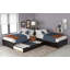 Lit plateforme tapissier L en forme de L avec lit gigogne escamotable, tiroirs de rangement et structure de bureau attachée, ton espresso-996034934