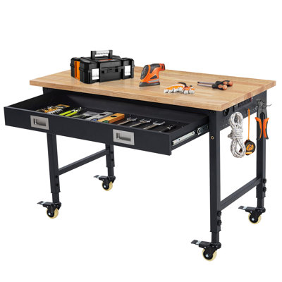 Heavy Duty Adjustable Workbench 60" x 22" - 2000 lbs Capacity - Sturdy Rubberwood Top & Metal Frame - Lockable Wheels - Built-in Power Outlets - Mobile Table for Garage, Workshop, Tool Storage