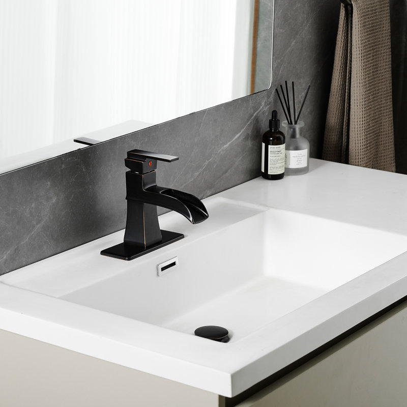 Modern Bathroom Faucet With Deck Mounted Waterfall , Pop Up Drain, Supply Lines, Bronze Finish, Side , Manual Control, Ceramic Filler Plate, Control