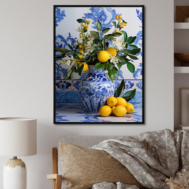 Carreaux grecs, nature morte, cuisine I - Boho Pottery, art mural, Cadre flottant noir, H 40 po x l 30 po x P 1,5 po