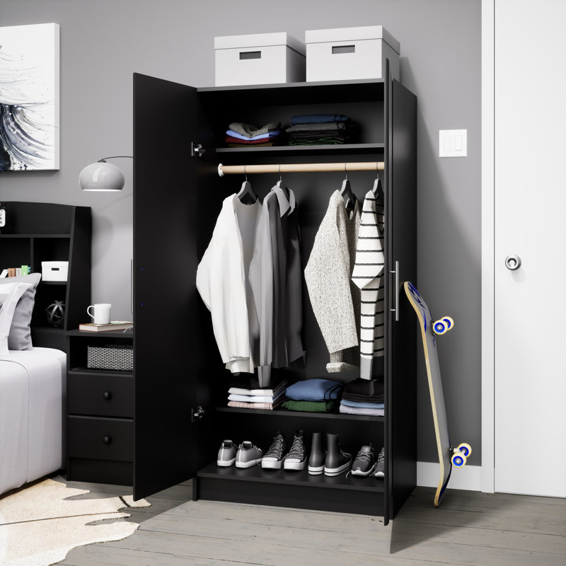 Armoire-penderie de 65 po de hauteur Bucholz, armoire de rangement avec rail de suspension et tablettes pour le salon, la cuisine et la salle de lavage, P 24,5 po x l 32 po x H 65 po, noir