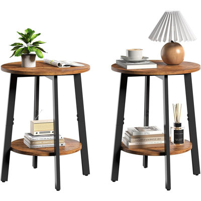Ensemble de 2 tables d'appoint rondes avec tablette de rangement, petites tables basses à 2 niveaux pour canapé, fauteuil, chambre et salon, brun rustique