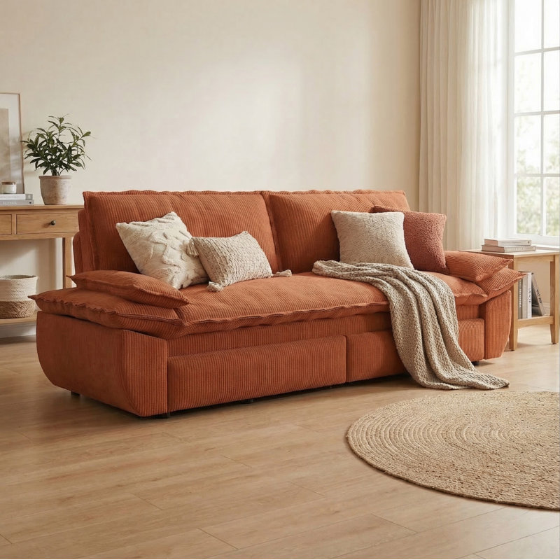 73.21" Queen Pull Out Sofa Bed, 3-in-1 Convertible Sleeper Sofa Bed for Living Room, Orange Corduroy