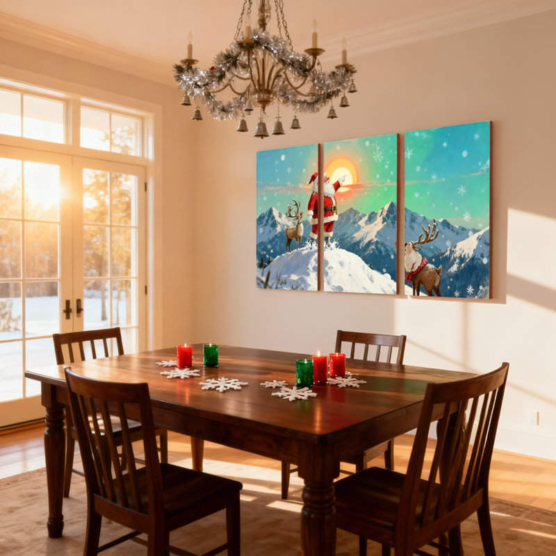 Ensemble de 3 impressions sur toile de Noël, père Noël et renne dans les montagnes enneigées, H 30 po x l 60 po