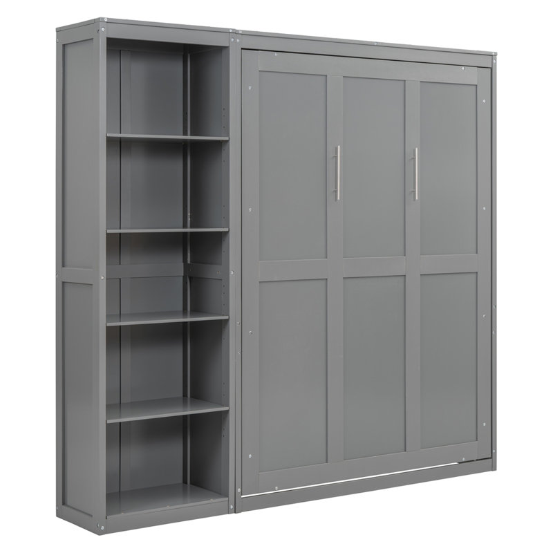 Lit escamotable double pleine grandeur avec tablettes, Gris
