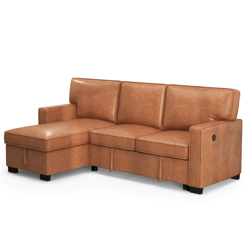 Shifnal 90.5" Wide Modern Upholstered Vegan Leather Multifunctional Chaise Sofa Bed With USB, Brown Faux Leather