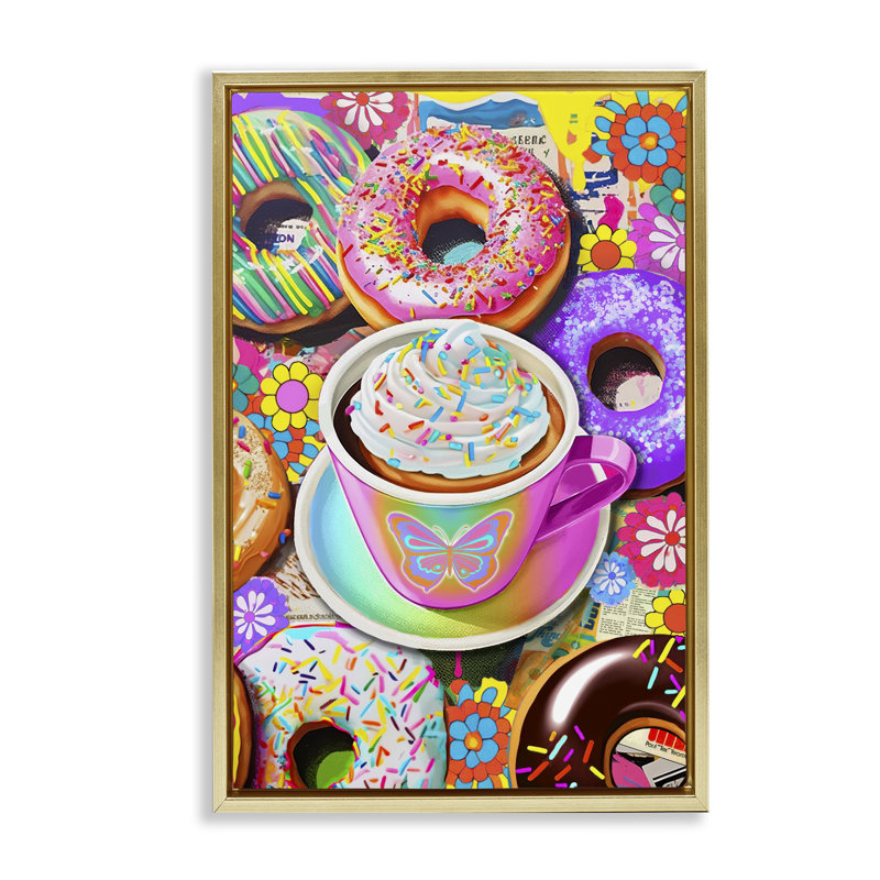Toile flottante pastel avec beignets et tasses à café par Jess Stempel, H 25 po x l 17 po, Cadre flottant métallique doré