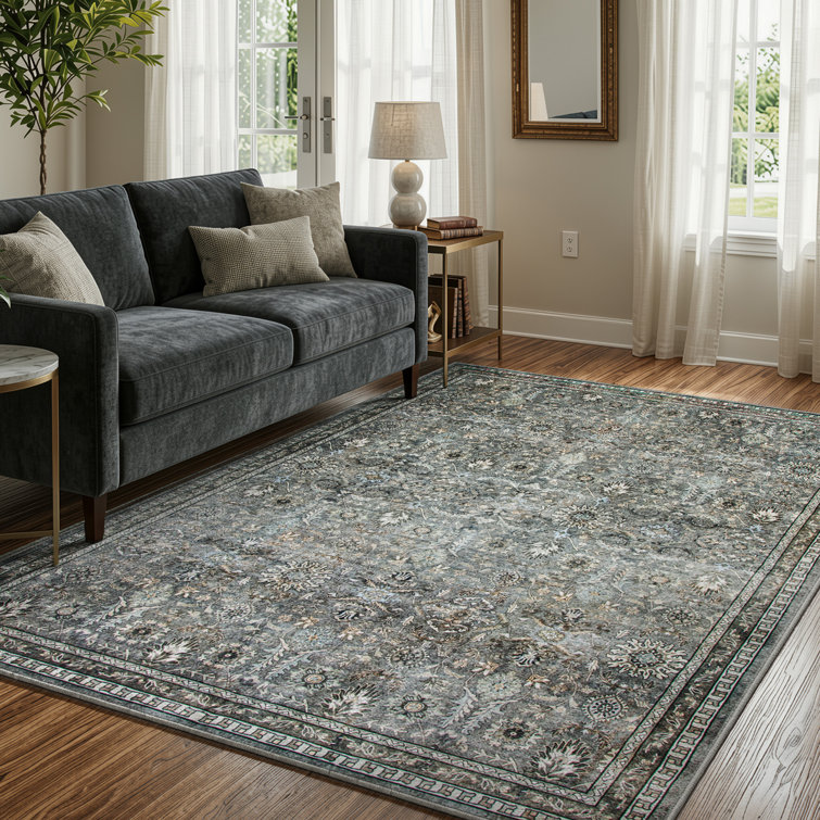 Watte Vintage Floral Border Washable Area Rug with Non-Slip Backing for Living Room & Bedroom