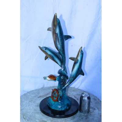 Nifao Collection Three Dolphins Jumping, Sea Turtle, Colored Bronze Statue 11" x 11" x 24"H.