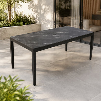 Modern 71-Inch Outdoor Dining Table, Rectangular Sintered Stone Top, Tapered Aluminum Legs, Ember Black, Seats 6