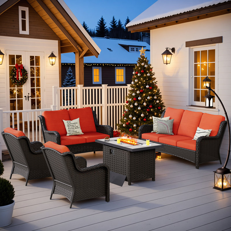 8 - Person Patio Conversation Set with Cushions, Orange Red, Brown