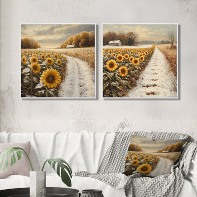 Tournesols le long du chemin enneigé I - Art mural tournesols - Art mural traditionnel, toile 2 pièces