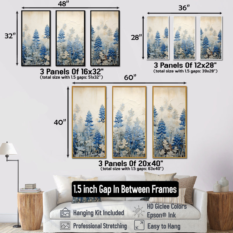 Elegant Blue And Beige Bonnets Meadow - Blue Bonnets Canvas Art Set, 28" H x 36" W x 1" D, Gold Floater Framed