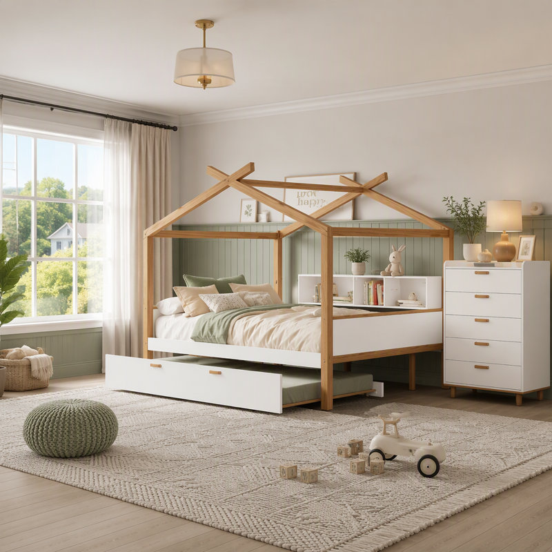 Wooden House Bed with Trundle and Bookshelf Storage for Kids Rooms
