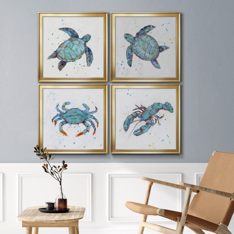 «Bubble Blue Turtle I», ensemble de 4 peintures sur toile encadrées, H 17,5 po x l 70 po x P 1,5 po, Toile avec cadre noir