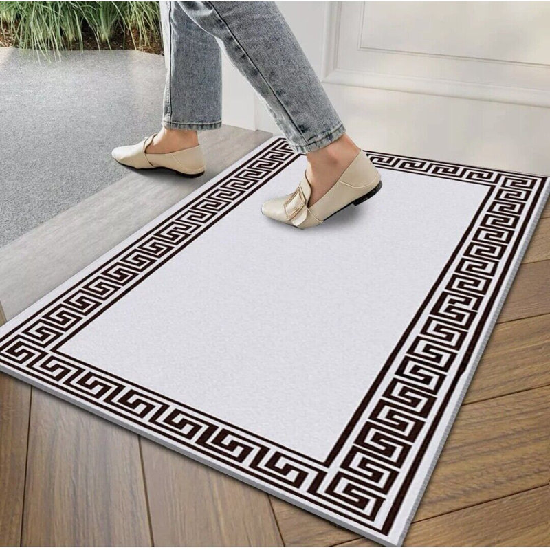 Plain Rug with Greek key Bordered Gel backed Rug Aleecia Cream/Black Rug, Rectangle 66 x 120cm