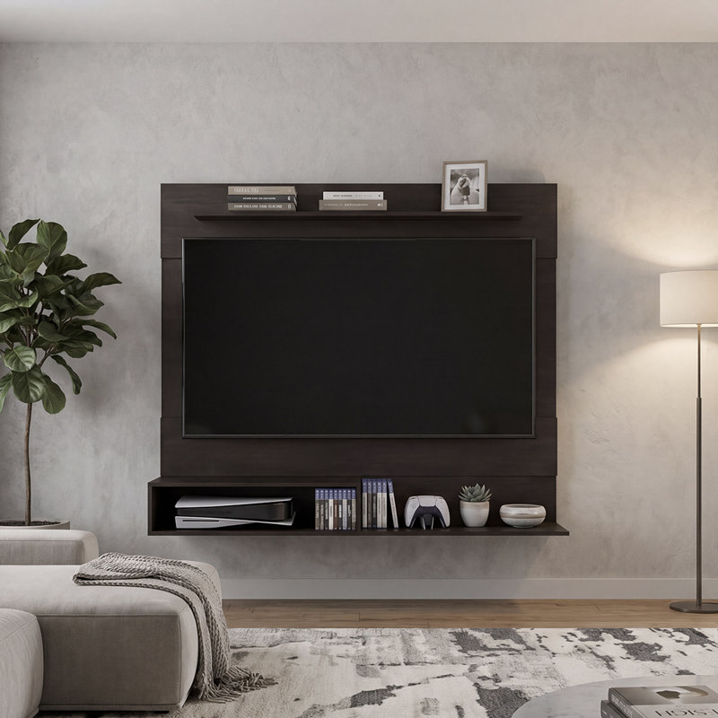 Meuble télé mural flottant Ebern Designs pour téléviseurs de 55 pouces avec étagères ouvertes et rangement multimédia