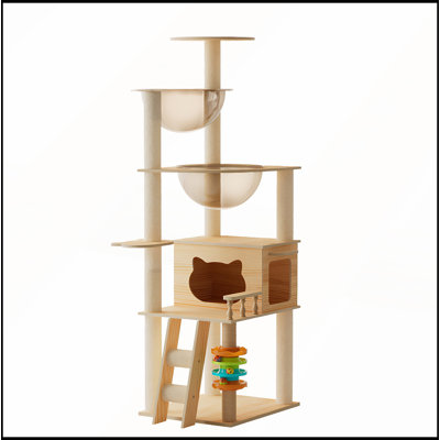Tour à chat 59 po en bois moderne avec poteaux à griffer en sisal, perchoir supérieur et hamac en acrylique pour chats d'intérieur de toutes tailles