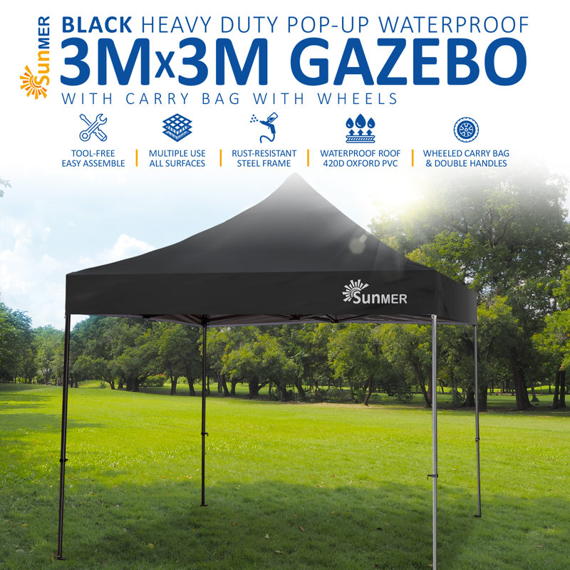SUNMER 3m x 3m Steel Pop-Up Gazebo, Black