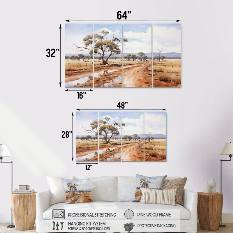 Ensemble de 4 décorations murales australiennes Outback Landscape II - Australie, H 32 po x l 64 po